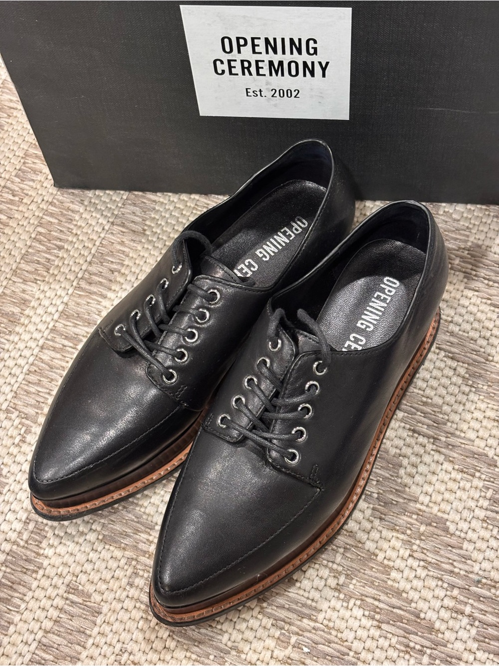 Opening Ceremony Black Leather Lace-Up Oxfords with Brown Welt